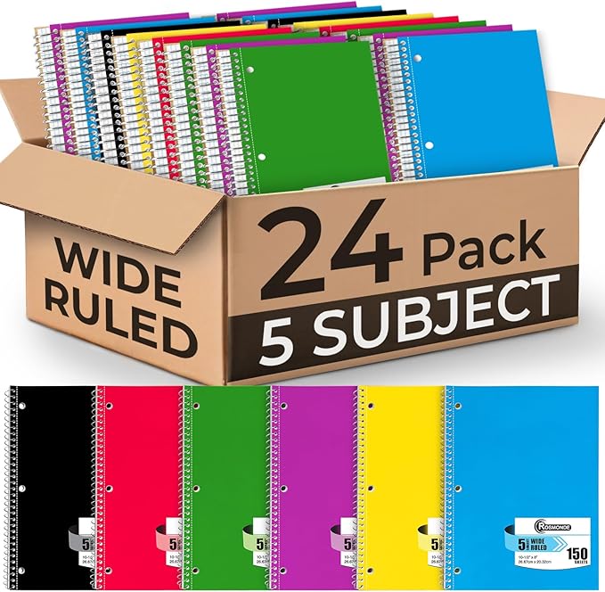 Rosmonde 24 Pack Spiral Notebook, 5 Subject, 300 Pages/Book (150 Sheets), Wide Ruled, 8 x 10-1/2, Bulk Subject Notebooks for Office & School, Office Spiral Notebooks, Soft Cover, Assorted Colors