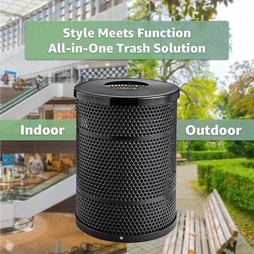 Zedfire 32 Gallon Perforated Waste Bin with Flat Lid, Steel Outdoor Heavy-Duty Commercial Trash Can, Round Recycle Container, Durable Garbage Can for Parks, Municipalities, Parking, Schools