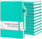 feela 12 Pack Notebooks Journals Bulk, Hardcover Notebook Classic Ruled Lined Journals with Pen Holder for Women Girls School Business Supplies, with 12 Black Pens, 120 GSM, 5.1”x8.3”, A5, Aqua