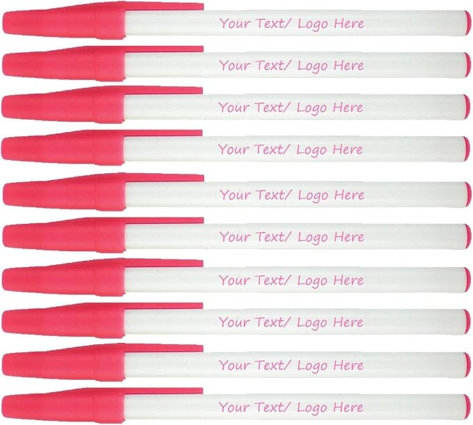 SyPen Personalized Stick Pens With your Custom Logo or Text-500 Pack Bulk-for Businesses, Parties, and Events, Custom Printed Slim Ballpoint Pens with Cap, Pink, Black Ink