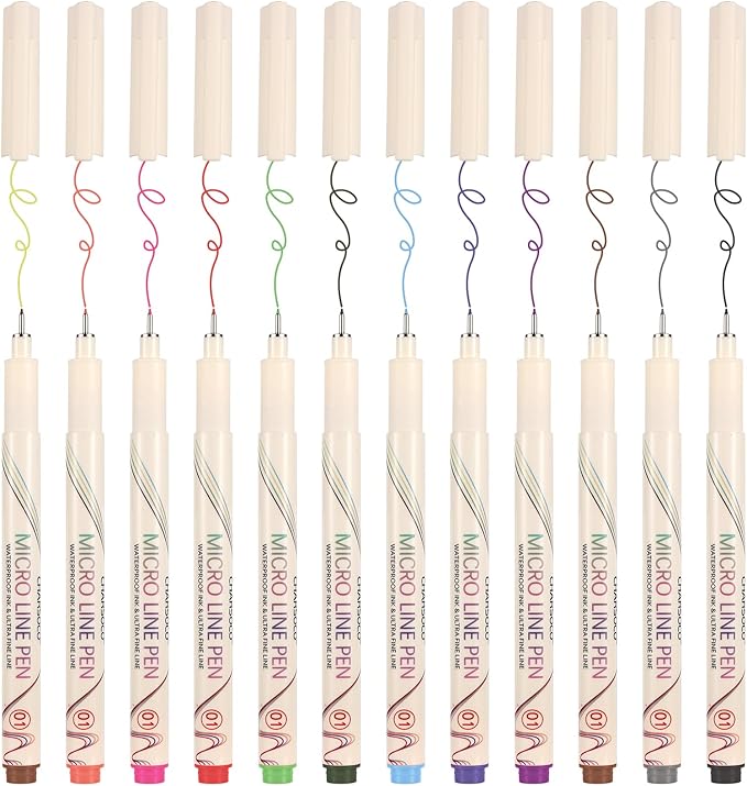 CHARSOCO 01 Micro Fine Point Pen Set - 12 Waterproof Archival Ink Colors, 0.25mm Fineliner Pens for Art Illustrations, Sketching, Anime, Manga, Technical Drawings & Scrapbooking-fan