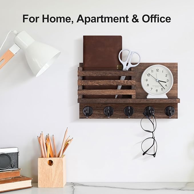 Lwenki Key Holder for Wall – Decorative Wooden Mail Holder and Key Shelf with Mounting Hardware, Installation Guide – Paulownia Wood with 5 Metal Key Hooks (11.8” x 6.7” x 2.8”)