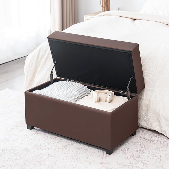 Joveco 32" Leather Storage Ottoman Bench, Rectangle Foot Rest Stool for Living Room, Bedroom, Entryway, Brown