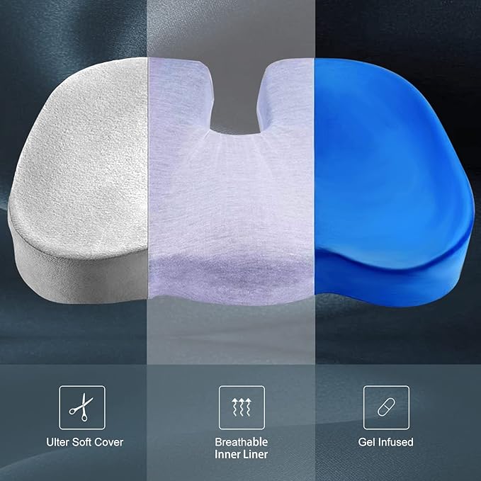 CYLEN Home Office Seat Cushion - Comfort Memory Foam Chair Cushion with Cooling Gel Infused for Tailbone, Coccyx, Back & Sciatica Pain Relief (Grey)