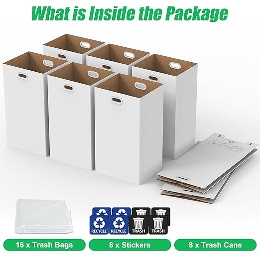 CINNIE&JHIN 30 Gallon Corrugated Cardboard Disposable Trash Cans with Built-in Handles, Heavy Duty 8 Pack Extra Large Portable Trash Can, Waterproof Layer Reusable Garbage Can, Recycling Bins