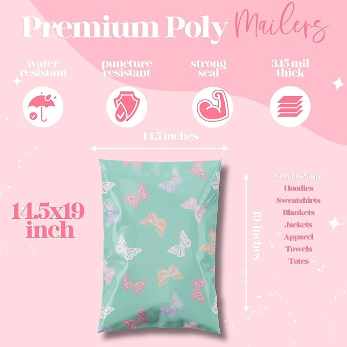 Pretty Package Store 14.5x19 Designer Poly Mailer 100 Pack Heavy Duty Waterproof Self Seal Shipping Bags for Small Business Large Mailing Envelopes Bulk Tear Resistant Packaging Butterfly