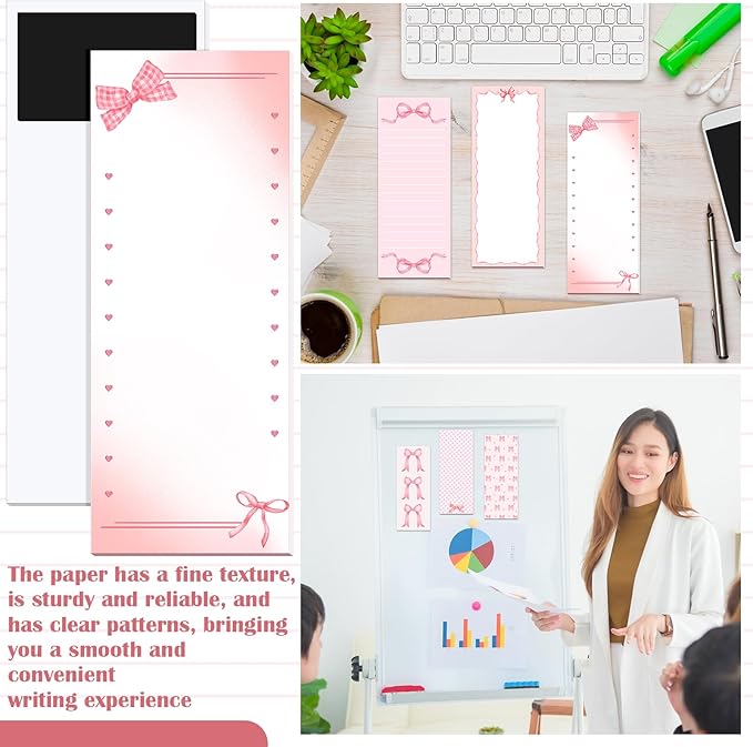 Gersoniel 12 Packs Magnetic Notepads for Refrigerator Monthly Grocery Magnetic List Set to Do List Pads Back Memo Notepad 9 x 3.5 Inches for Fridge Kitchen Shopping Grocery(Pink,Bow)