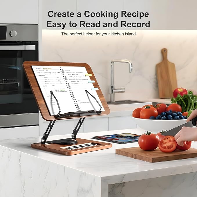 Book Stand for Reading, 360° Rotating Hands Free Book Holder, Adjustable Height and Angle, Page Clip for Cookbook, Recipe, Magazine, Laptop,Tablet, Foldable for Kitchen, Office, School
