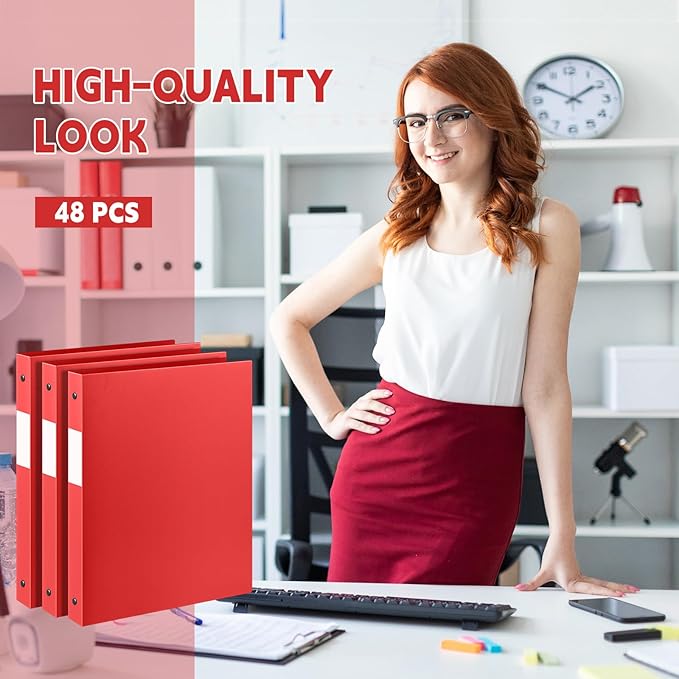 Henoyso 48 Pcs 3 Ring Binder 0.5 Inch Round Fits Letter Size 8.5'' x 11'' Paper Plastic Flexible Binder Bulk Holds 140 Sheets with 1 Pockets Versatile Organizer for Home Office School (Red)