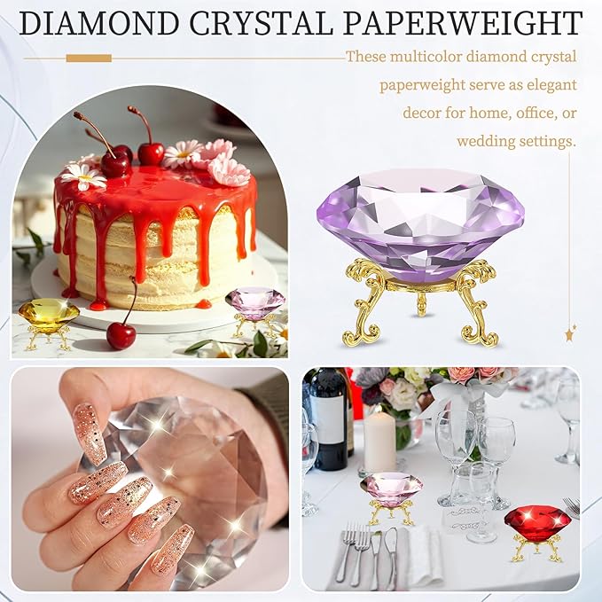 PATIKIL Diamond Crystal Paperweight, 100mm / 3.94" Crystal Paperweight Paper Weight with Gold 25 Metal Base for Home Office Desktop Table Decor Wedding Party Ornaments, Purple