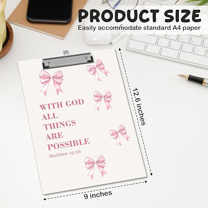 APIILVPQ Bible Verse Clipboard, Pink Bow Clipboards with Low Profile Clip for Office School Use, Christian Wooden Clip Boards for Nurses Teachers Students - B03