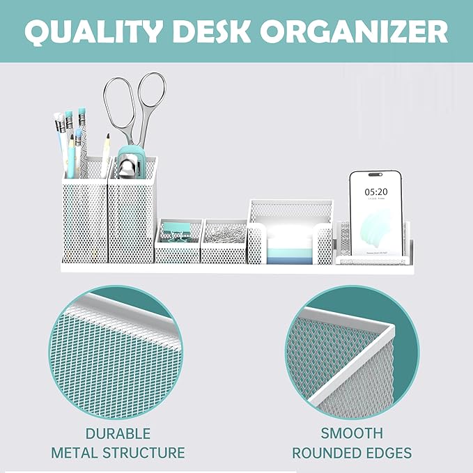 SUPEASY Pen Holder for Desk, 6 Piece Mesh Desk Organizer set for Office Organization with Mail Organizer, Letter Phone Holder, Sticky Notes Caddy Storage, White
