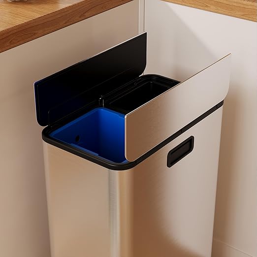 Garvee Kitchen Dual Trash Can, 15 gal Large Recycling Bin Garbage Can with Butterfly Lid, Fingerprint Resistant Stainless Steel Trash Bin for Kitchen, Living Room, Office (2 x 28 L)