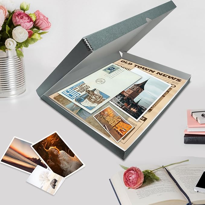Lineco Folio Storage Box, Clamshell Design with Metal Edge. 18.5x24.5x1.75 Inches, Archival Boxboard, Preserve Photos, Cards, Magazines, Documents, Art, Ephemera, Family Records, Gray, Pack of 2