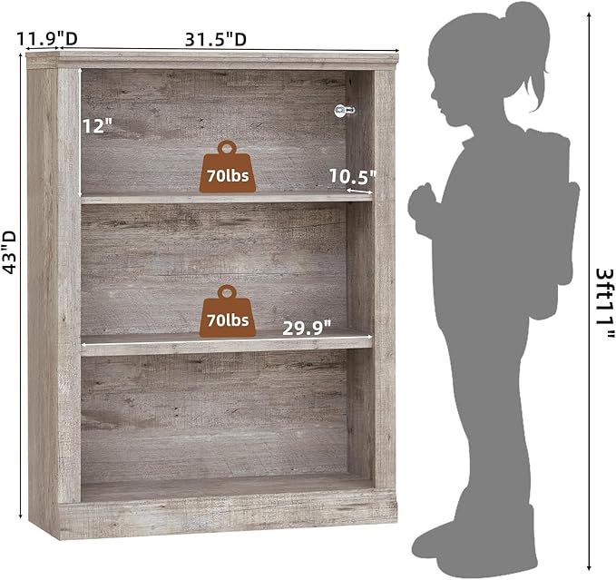 RWYHG 43" Grey Tall Bookshelf,3-Tier Thick Wooden Book Shelf with Adjustable Shelves,Free Standing Farmhouse Bookcase with Open Display Storage,Floor Vintage Bookshelves for Living Room,Office