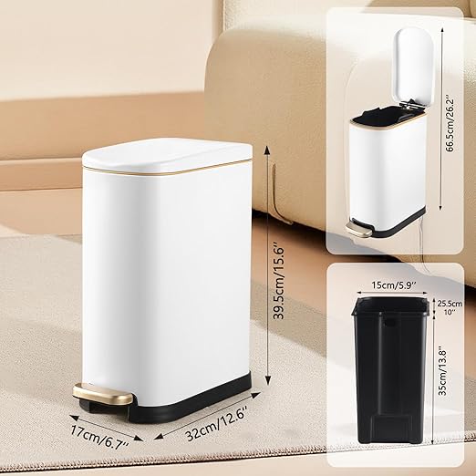 SYNCVIBE Bathroom Trash Can with Soft-Close Lid 3.5 Gallon Stainless Steel Garbage Can with Removable Inner Bucket Slim Trash Bins for Bedroom, Office(Matte White)
