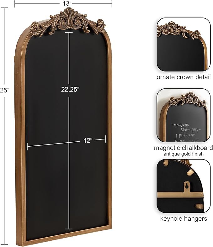 Kate and Laurel Arendahl Decorative Vintage Arch Chalkboard; 13 x 25; Gold; Framed Arched Ornate Magnetic Chalkboard for Unique Display; Decoration; and Organization