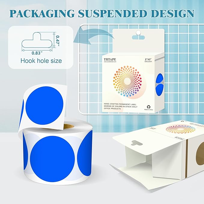2 Inch Round Color Coding Labels (500 Count) - Blue Dot Stickers Circle Labels with Dispenser Box for Warehouse, Filing, Industrial, Office Organization