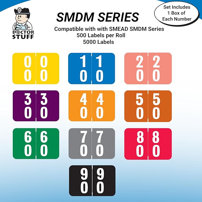 Doctor Stuff - File Folder Labels, Terminal Digit Filing, Consecutive Double Digit Numbers 00-99, Compatible with SMEAD DDS - SMDM Series Chart Stickers, 1" x 1-1/2", 1 Each of 10 Rolls, 500/Roll