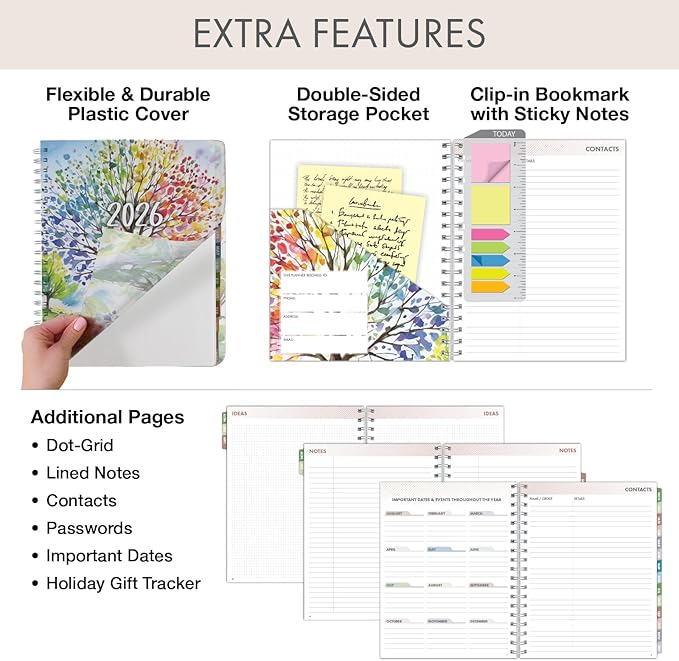 Essential PRO 2026 Daily, Weekly & Monthly Planner, 7"x9": 14 Months (Nov 2025 - Dec 2026) Monthly Tabs,Daily Tracking,Notes Pages,Storage Pocket,Bookmark w Sticky Notes (Tree Seasons)