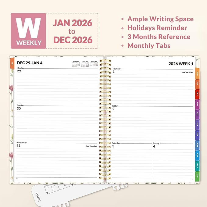SUNEE 2026 Weekly and Monthly Planner - from January 2026 - December 2026, Daily Agenda Planner with Monthly Tab, Flexible Cover, Note Pages, Pockets, Bookmark, Spiral Binding, Wildflowers, 8.5"x11"
