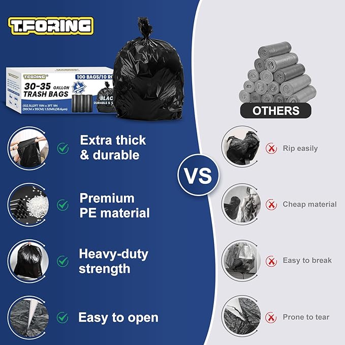T.FORING 30-35 Gallon Trash Bags Heavy Duty 1.5 Mil - 35" x 37" 100 Count Large Black Garbage Bags 30+ Gallon Strong Plastic Trash Can Liners for Home Kitchen Commercial Lawn and Leaf