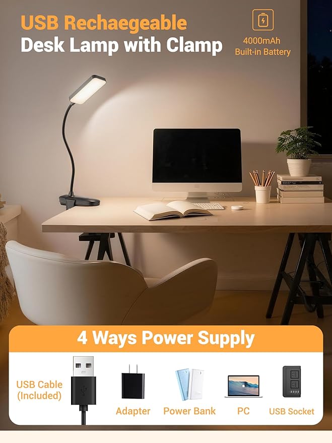 ReinHoo Clip on Light,9 Brightness+5 Color Rechargeable Desk Lamp,4000mAh Battery Operated Lights,450 Lumen 48 LED Desk Lamp with Clamp Light,Cordless Reading Lamps for Bed/Headboard/Bedside Table