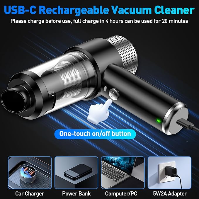 SHLNLI Mini Vacuum Cleaner, 16000PA Car Vacuum Cleaner Portable Cordless with LED Light, 4 in 1 Air Duster and Handheld Small Vacuum Rechargeable for Car, Home, Office, Pet（Black）