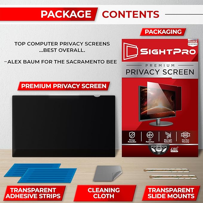 SightPro 20 Inch 16:9 Computer Privacy Screen Filter for Monitor - Privacy Shield and Anti-Glare Protector (17 7/16" x 9 13/16")
