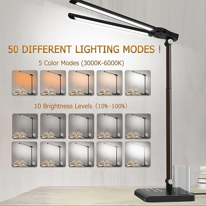 CHARYJOD Retractable Dimmable LED Desk Lamp with USB Charging Port, 50 Lighting Modes Dual Swing Arm Architect Adjustable Table Lamp Light Desk Lamp for Home Office Dorm Piano Nail, Black