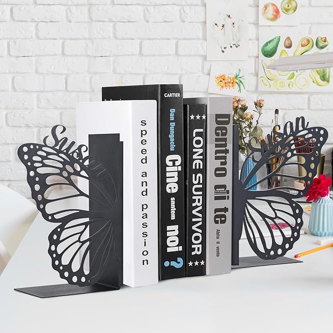 Personalized Butterfly Decorative Book Ends, Heavy Duty Bookends for Shelves, Non-Slip Book Stopper, Metal Modern Bookshelf Decor for Home Office Study Room, Gifts for Readers Color01