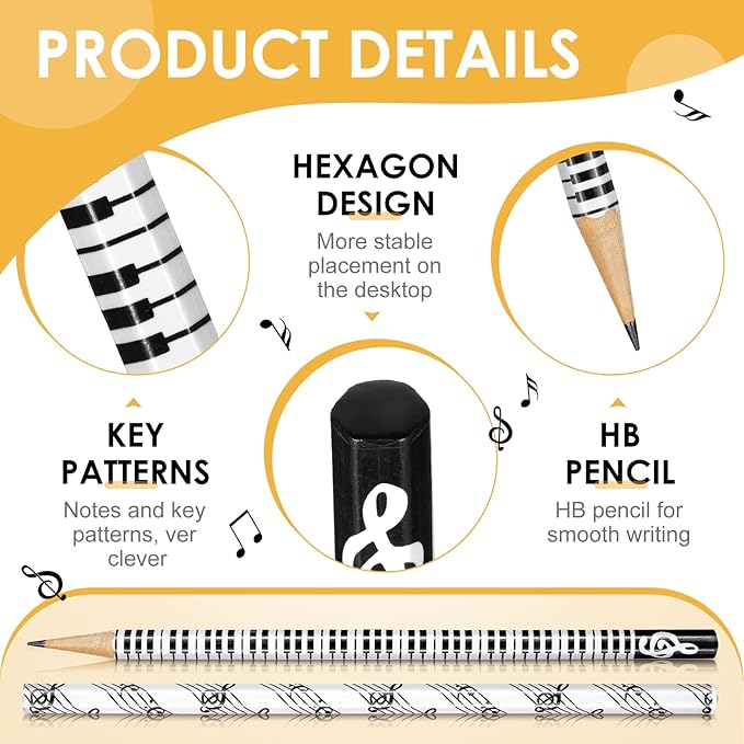 TaoBary 200 Pieces Music Pencils Bulk Music Classroom Supplies Piano Note Pencils Wooden Fun Gifts Party Favors for Piano Students Teachers Artists, Black and White, 7 Inches