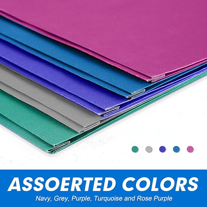 Two Pocket Folders, RAZCC 100 Pack Two Pocket with Prongs, 3 Prong Pocket Folders Letter Size, Paper Folders with Prongs for School Office Home Business, Assorted 5 Colors