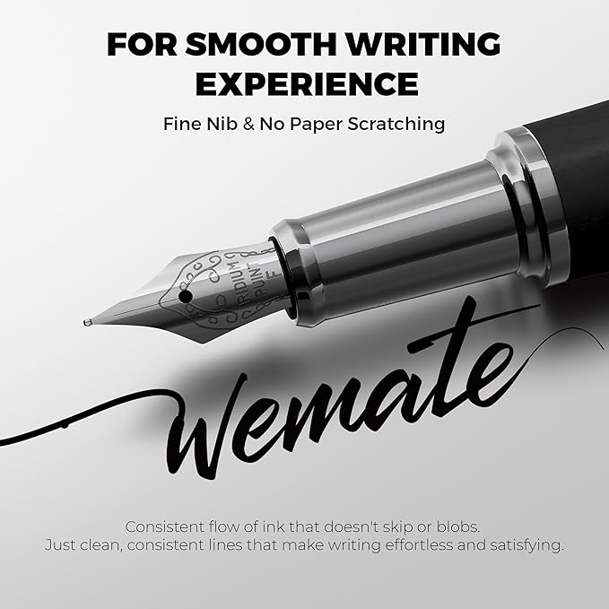 WEMATE Fountain Pen Set, Fine Nib with 20PCS 2.6MM Ink Cartridges(10 Black&10 Blue),1 Ink Converter, Nice Luxury pen for Men, Women, Cool Wooden Fountain Pen for Writing, Journaling, Calligraphy