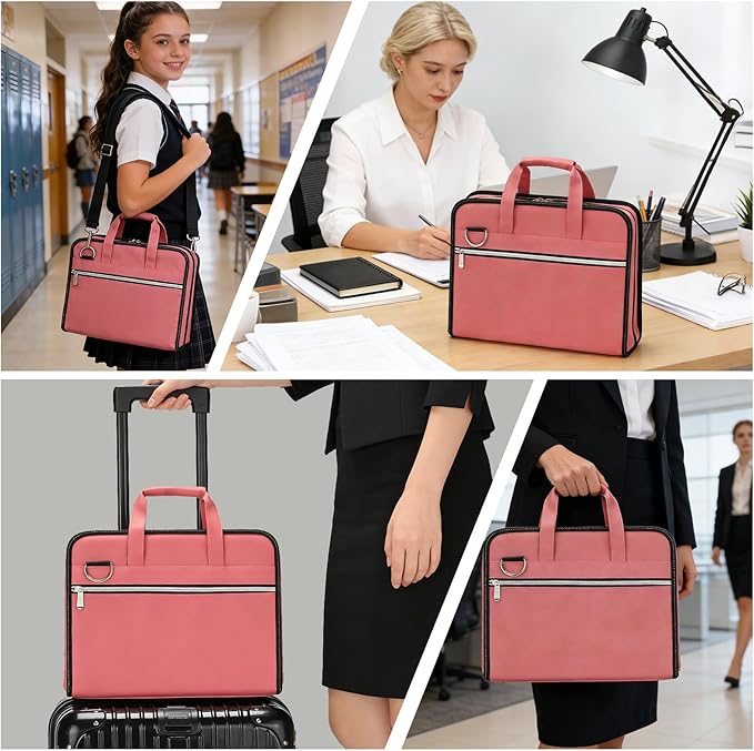 SEEKIND PU Leather Accordion File Organizer with Handle & Strap，12 Pockets Expanding File Folder with Zipper & Labels，Portable Document Organizer File for Letter A4 Files