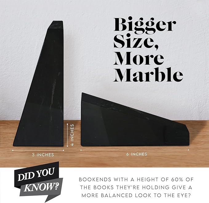 Ottimo Premium Polished Stone Marble 6" Book Ends for Bookshelf Decor, Home, Office or Kitchen Shelves. Heavy, Triangular, and Decorative Book Stopper with Anti-Slip Pads, Great Gift Idea (Black)
