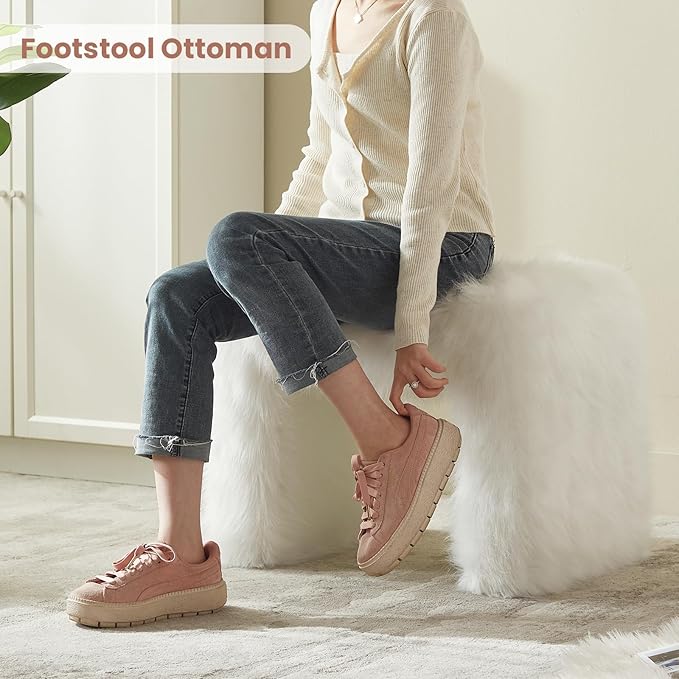 ZYKZYK Modern Vanity Stool Ottoman, Backless Faux Fur Small Footstool for Makeup Room, Living Room, Bedroom, Entryway Portable and Comfortable Seating (Single Piece) White