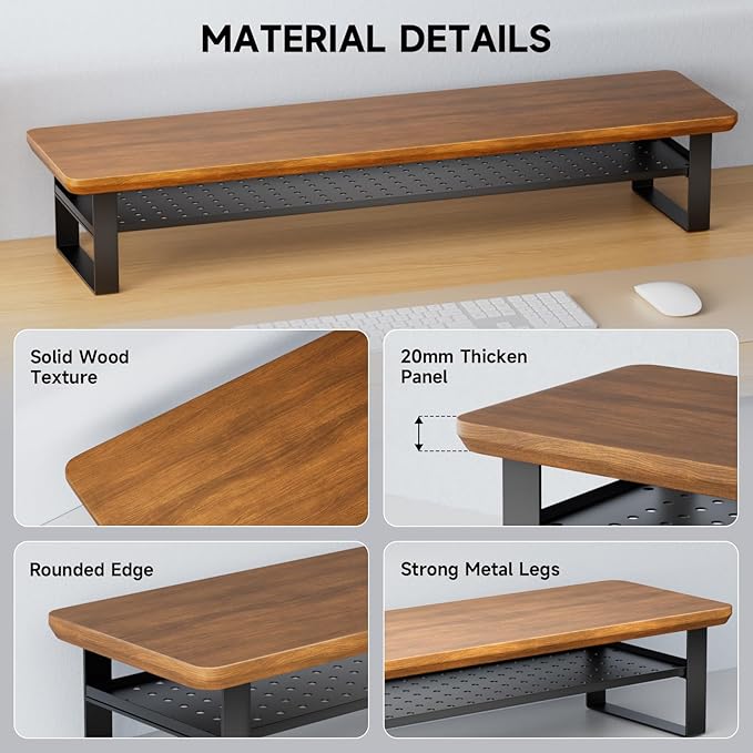 NestNeat Dual Monitor Stand, 35.4 Inch Monitor Stand Riser for 2 Monitors, 2 Tiers Wood Desk Shelf with Storage, Desktop Organizer Stand for Computer, Laptop, Printer, TV (Walnut, 35.4in)