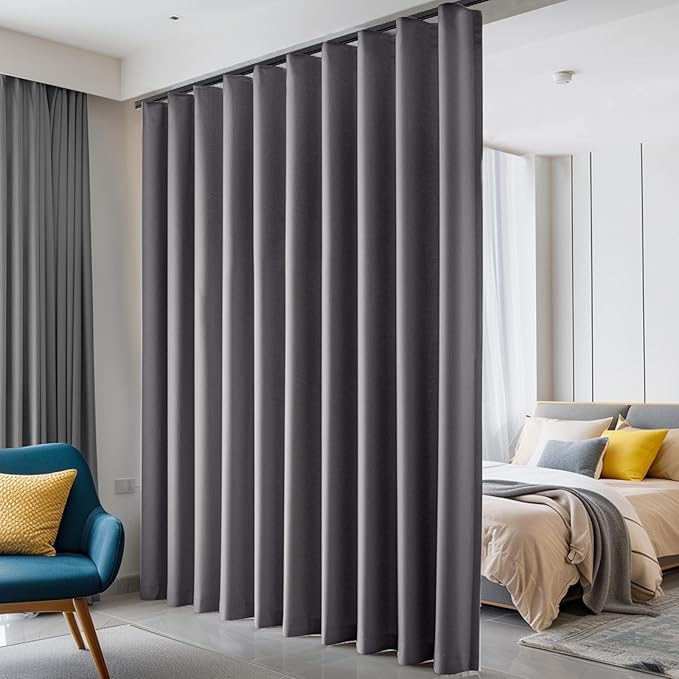 hoeflife Room Divider Curtains Blackout Floor to Ceiling Curtain with Hook Wall Mount Sliding Door Curtains Ceiling Mount Extra Wide Curtain Wall Divider for Room Separation (Grey, W100 x H108 Inch)