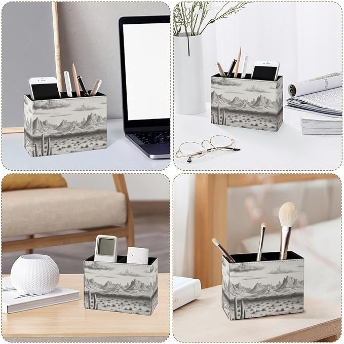 Famame Vintage Desert Mountains Pencil Holder for Desk, Leather Desktop Container Pen Cup Storage Study Table Pen Organizer Makeup Brush Holder for Classroom Office Home