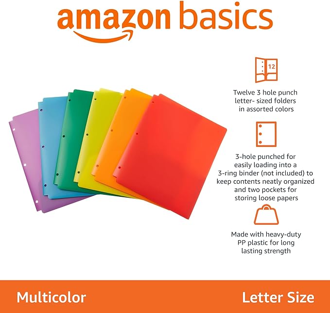 Amazon Basics Plastic 3 Hole Punch Folders with 2 Pockets, 8.5 x 11 inches, Pack of 12, Assorted Color
