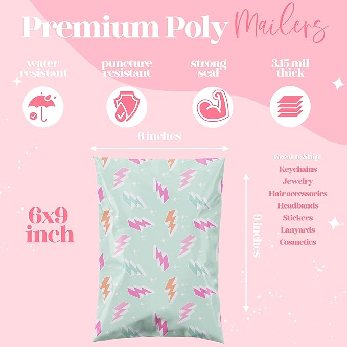 Pretty Package Store 10x13 Designer Poly Mailer 100 Pack Heavy Duty Waterproof Self Seal Shipping Bags for Small Business Large Mailing Envelopes Bulk Tear Resistant Cute Packaging Lightning Bolt