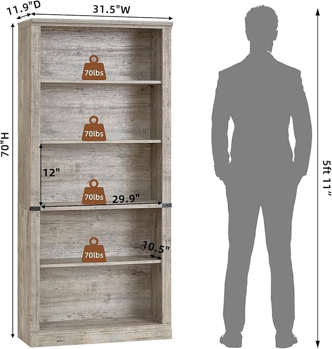 RWYHG 70" Grey Tall Bookshelf Set of 4,5-Tier Thick Wooden Book Shelf with Adjustable Shelves,Free Standing Farmhouse Bookcase with Open Display Storage,Floor Vintage Bookshelves for Living Room