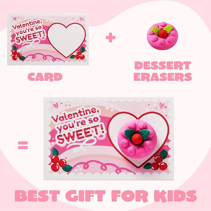 JOYIN 36 PCS Valentines Day Gift Cards with 3D Dessert Erasers for Kid Classroom Cards, Party Favor Toy Card Party Favor, Classroom Prize Supplies, Valentine’s Greeting Cards