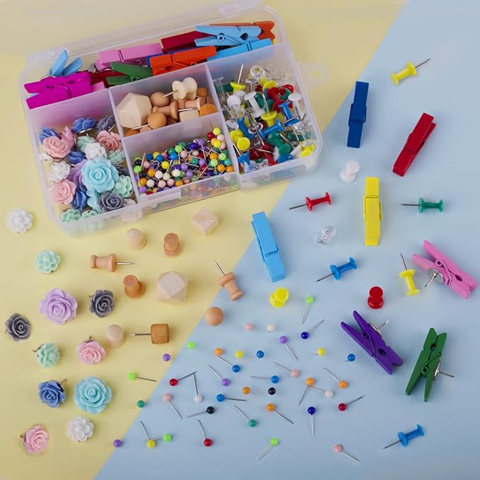 Push Pins，LYroo 200 Pcs Flower Thumb Tacks Wood Pin Board Map Tacks Marking Pins Assorted Colors Push Pin Clips for Cork Board Cute Desk Decor Accessories for Women Office Teacher Supplies