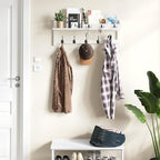 AMBIRD Wall Hooks with Shelf, 26.57 Inch Entryway Wood Coat Hooks for Wall, Coat Rack Wall Mount with 5 Dual Hooks 3 Key Hooks Mail Organizer and Key Rack Holder (White)