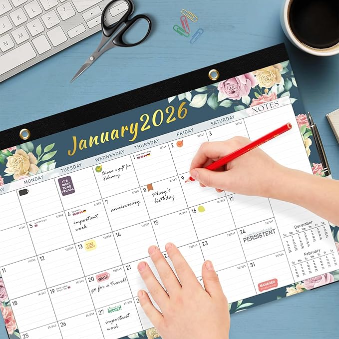 2026 Desk Calendar, 18 Monthly Calendar Runs from January 2026 to June 2027, Large 17" x 12" Desktop/Wall Calendars Easy Scheduling & Notes, Ideal for School, Home and Office - Vintage Floral