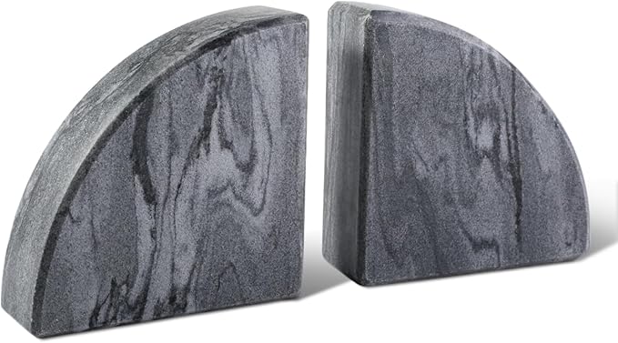 Karibiber Marble Bookend for Shelves, Non-Skid Bookends for Heavy Books, Heavy Duty Book Stopper for CDs, Luxury Book Shelf Holder, Quarter Circle Design Book Ends Decorative, Monte Grigio, Set of 2