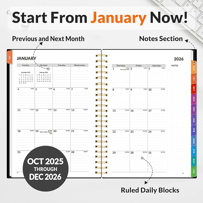 SUNEE 2026 Weekly and Monthly Planner - from January 2026 - December 2026, Daily Agenda Planner with Monthly Tab, Flexible Cover, Note Pages, Pockets, Bookmark, Spiral Binding, Black, 6.4" x 8.3"