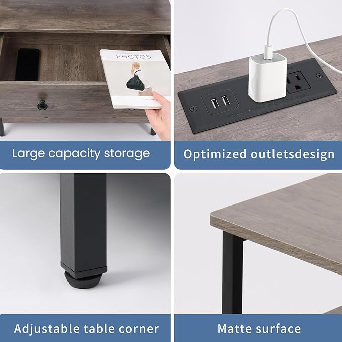 Edbuosy 3 Wooden Drawers Night Stand, 27 Inch Wide Nightstand with Charging Station and Adjustable Drawers, Small Dresser for Closet, Bedside Table for Living Room/Bedroom/Office, Gray.
